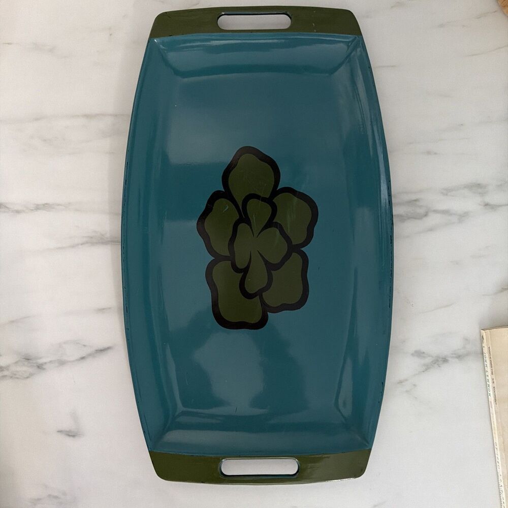 Mid Century Melamine Melmac Tray Flower Green Blue Barware 19 X 10 MCM